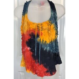 Cali Kind Womens L Halter Tie Dyed Lace up Top Multicolored Sleeveless Hippe